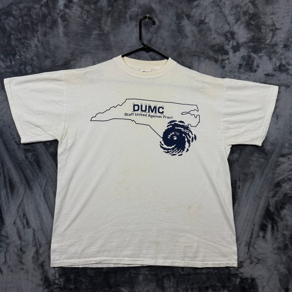 The Cotton Exchange T-Shirt Mens XL White Good Vintage 1996 DUMC Hurricane Fran